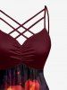 Glitter Hibiscus Flower Print Hawaii Ruched Crisscross A Line Dress - Rouge foncé 6X