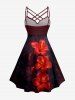 Glitter Hibiscus Flower Print Hawaii Ruched Crisscross A Line Dress - Rouge foncé 6X
