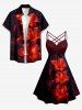 Glitter Hibiscus Flower Print Hawaii Ruched Crisscross A Line Dress - Rouge foncé 6X