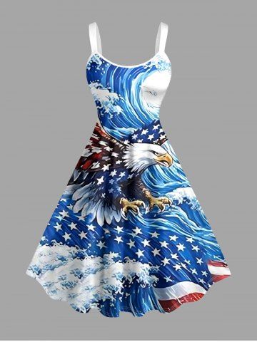 Plus Size Patriotic American Flag Eagle Sea Waves Print Tank Dress