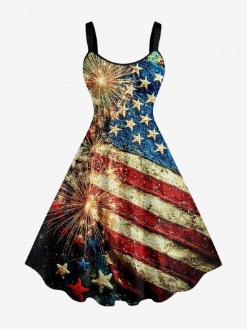 Plus Size Patriotic American Flag Fireworks Print Tank Dress - BLUE - 6X
