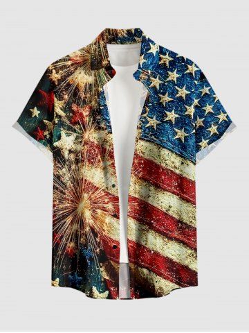 Plus Size Patriotic American Flag Fireworks Print Buttons Pocket Shirt For Men - BLUE - XS