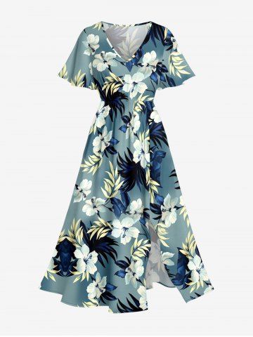 Plus Size Hibiscus Flower Tropical Leaf Print Split Hawaii Midi Dress