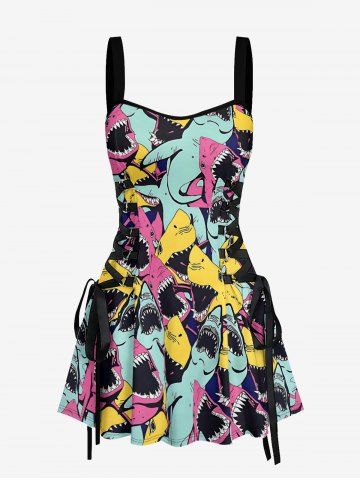 Colorful Sharks Print Lace Up Hawaii Tank Dress - HOT PINK - M