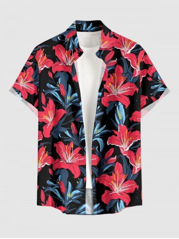 Plus Size Hibiscus Flower Leaf Print Buttons Pocket Hawaii Shirt For Men - RED - 5XL