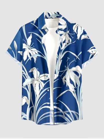 Plus Size Flower Leaf Print Buttons Pocket Hawaii Shirt For Men - BLUE - 5XL