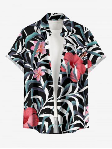 Plus Size Hibiscus Flower Leaf Print Buttons Pocket Hawaii Shirt For Men - BLACK - M