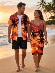Coconut Tree Sun Cloud Print Plus Size Matching Hawaii Beach Outfit For Couples - Orange Foncé 