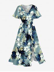 Hibiscus Flower Tropical Leaf Print Split Hawaii Midi Dress - Paon Bleu 2X