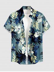 Plus Size Hibiscus Flower Tropical Leaf Print Buttons Pocket Hawaii Shirt For Men -  