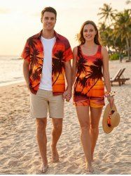 Matching Hawaii Shirt and Romper Beach Outfit Coconut Tree Ombre Dusk Print For Couples -  