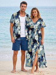 Hibiscus Flower Tropical Leaf Print Matching Hawaii Beach Outfit For Couples -  