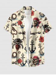 Skull Pirate Rose Flower Anchor Print Buttons Pocket Hawaii Shirt For Men - Beige M