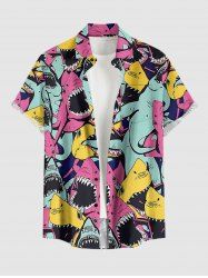 Colorful Sharks Print Buttons Pocket Hawaii Shirt For Men -  