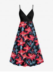Plus Size Hibiscus Flower Leaf Print Surplice Hawaii Cami Dress -  