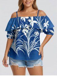 Flower Leaf Print Cold Shoulder Ruffles Cover Hawaii Blouse - Bleu S