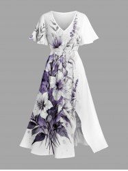 Flower Leaf Print Split Hawaii Midi Dress -  