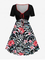 Plus Size Hibiscus Flower Leaf Print Cinched Hawaii Dress - Noir S