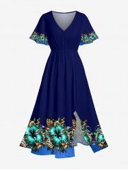 Hibiscus Flower Leopard Leaf Print Hawaii Split Pocket A Line Midi Dress -  