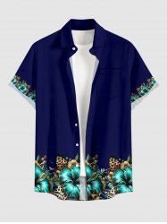 Hibiscus Flower Leopard Leaf Print Hawaii Button Pocket Shirt For Men - Cadetblue 3XL