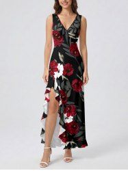 Flower Leaf Branch Print Hawaii Ruffles Split Dress -  
