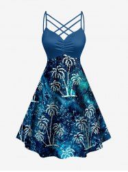 Coconut Tree Galaxy Print Hawaii Ruched Crisscross Strappy A Line Dress -  