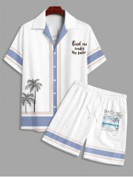 Men's Matching Two Piece Beach Tropical Coconut Tree Letter Graphic Print Camp Collar Short Sleeves Shirt And Drawstring Shorts Set -  