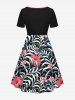 Plus Size Hibiscus Flower Leaf Print Cinched Hawaii Dress - Noir S
