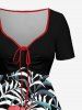 Plus Size Hibiscus Flower Leaf Print Cinched Hawaii Dress - Noir S