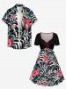 Plus Size Hibiscus Flower Leaf Print Cinched Hawaii Dress - Noir S