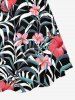 Plus Size Hibiscus Flower Leaf Print Cinched Hawaii Dress - Noir S