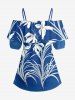 Flower Leaf Print Cold Shoulder Ruffles Cover Hawaii Blouse - Bleu S