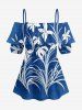 Flower Leaf Print Cold Shoulder Ruffles Cover Hawaii Blouse - Bleu S