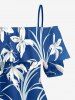 Flower Leaf Print Cold Shoulder Ruffles Cover Hawaii Blouse - Bleu S
