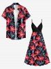 Plus Size Hibiscus Flower Leaf Print Surplice Hawaii Cami Dress -  