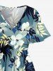 Hibiscus Flower Tropical Leaf Print Split Hawaii Midi Dress - Paon Bleu 2X