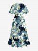 Hibiscus Flower Tropical Leaf Print Split Hawaii Midi Dress - Paon Bleu 2X