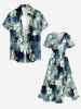 Hibiscus Flower Tropical Leaf Print Split Hawaii Midi Dress - Paon Bleu 2X