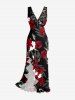 Flower Leaf Branch Print Hawaii Ruffles Split Dress -  