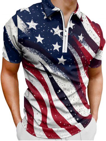 Plus Size Patriotic American Flag Paint Splatter Print Zipper Polo Shirt For Men - DEEP BLUE - XS