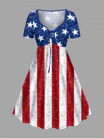 Plus Size Patriotic American Flag Sparkling Sequin 3D Print Cinched Dress - RED - XXS