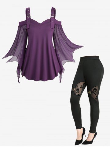 Cold Shoulder Mesh Bell Sleeves Top and Skull Flocking Skinny Leggings Plus Size Outfit - DEEP RED