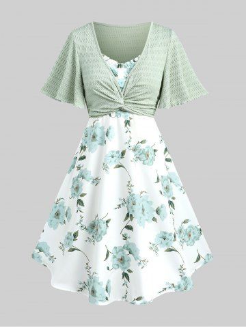 Plus Size Twisted Plunging Crop Top and 3D Flower Print Spaghetti Strap Cottagecore Dress - GREEN - 2X | US 18-20
