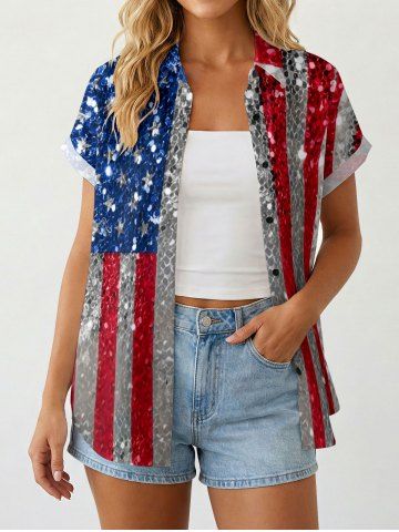 Women's Glitter Sequins Patriotic American Flag Print Shirt - BLUE - XS