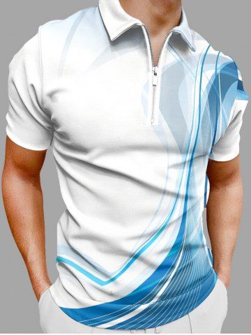 Plus Size Curve Light Beam Print Zipper Polo Shirt For Men - DENIM BLUE - XS