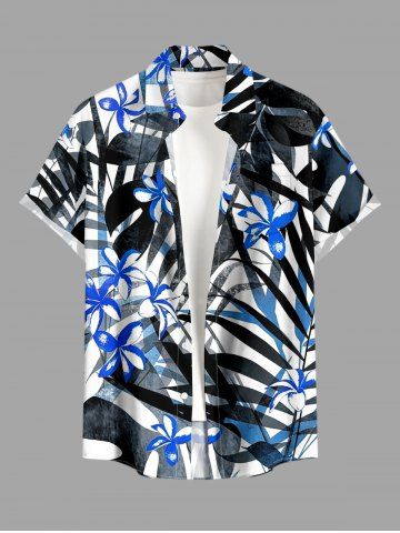 Plus Size Flowers Tropical Leaf Print Buttons Pocket Hawaii Shirt For Men - BLUE - 3XL