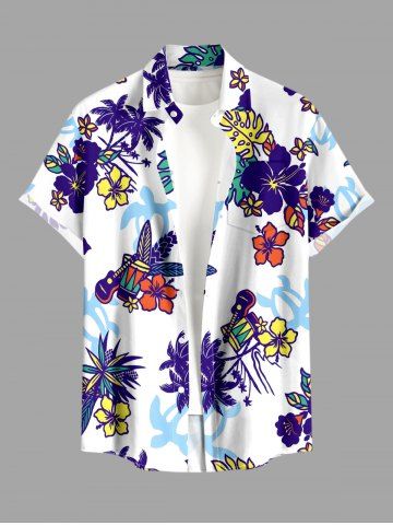 Plus Size Hibiscus Flower Leaf Guitar Turtle Print Buttons Pocket Hawaii Shirt For Men - WHITE - 4XL