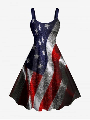 Plus Size Glitter Patriotic American Flag Print A Line Dress - BLACK - S
