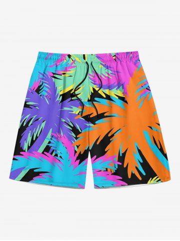 Plus Size Coconut Tree Print Hawaii Drawstring Beach Shorts For Men - PURPLE - 7XL