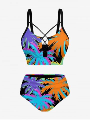 Coconut Tree Print Hawaii Lace Up Tankini Swimsuit (Adjustable Shoulder Strap) - PURPLE - S